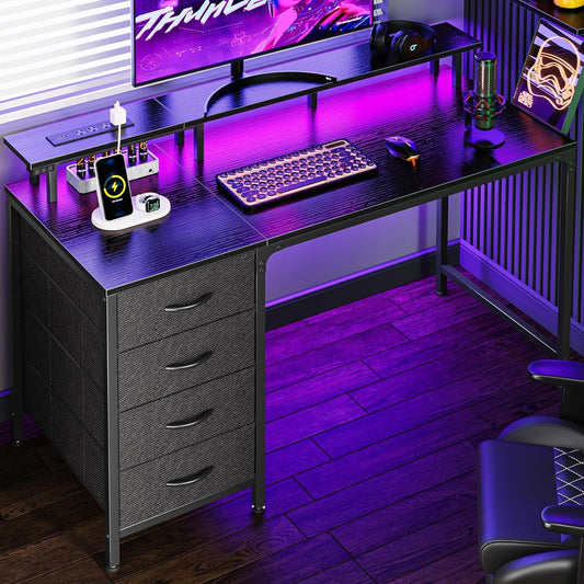 47 Inch Computer Desk with Power Outlets and LED Lights, Gaming Desk