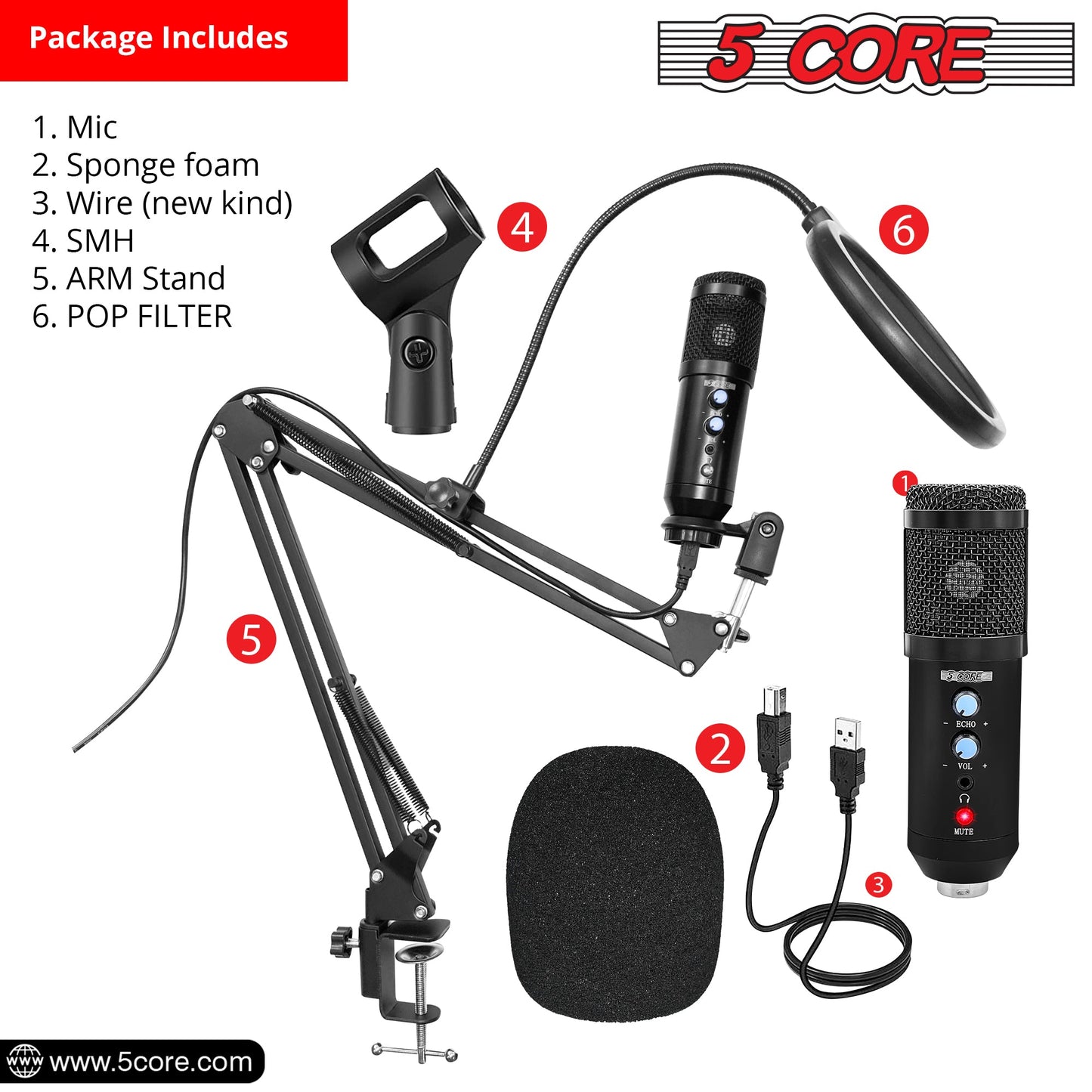 5 Core Podcast Microphone Bundle USB Condenser PC Mic Recording Studio